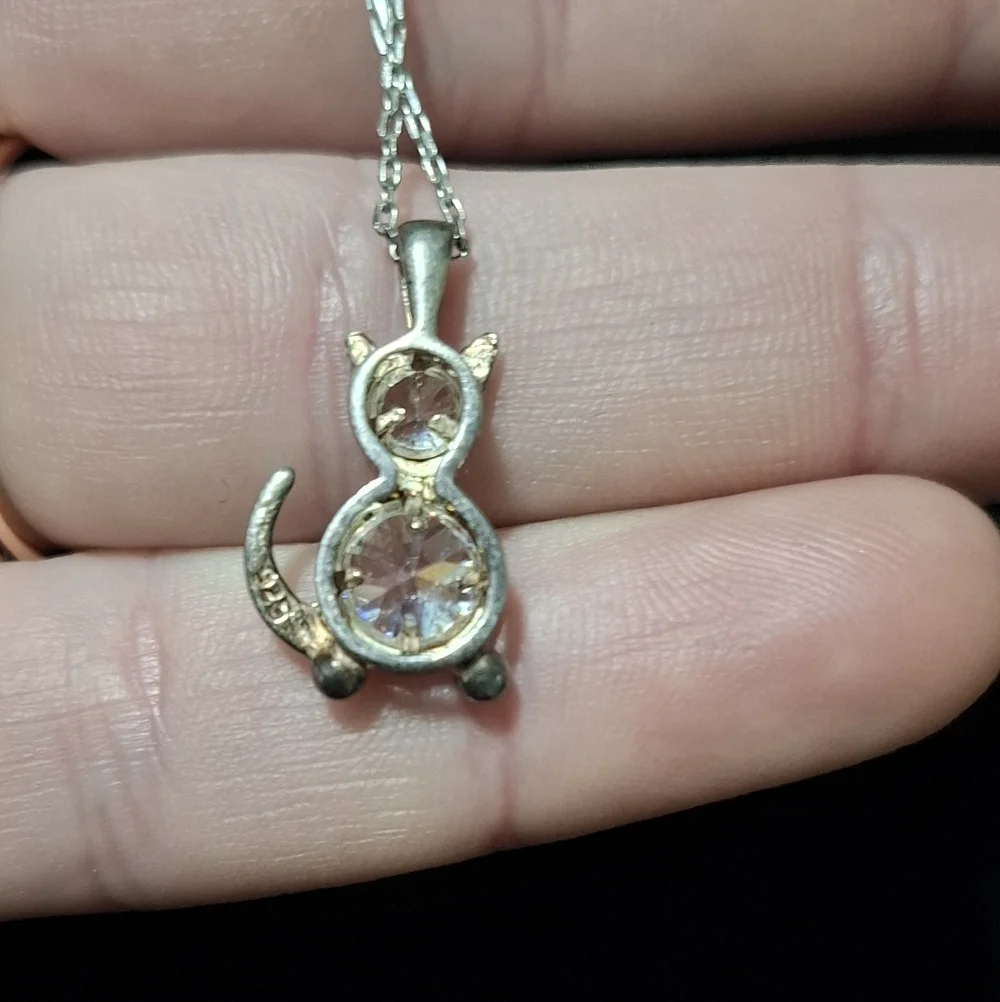 🐈Vintage 925 Sterling Silver Cubic Zirconia CZ Kitty Cat Necklace